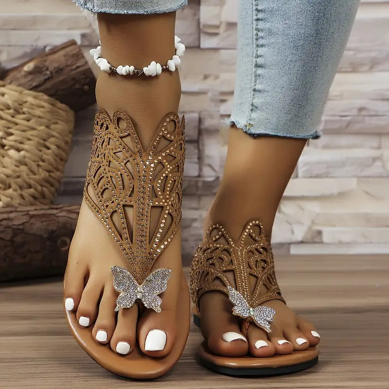 Naice | Verzierte Leder-Sandalen mit Schmetterling