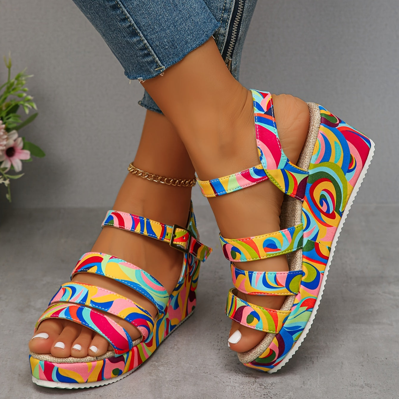 Amelorac | Bunte Keilsandalen mit stabilem Plateau