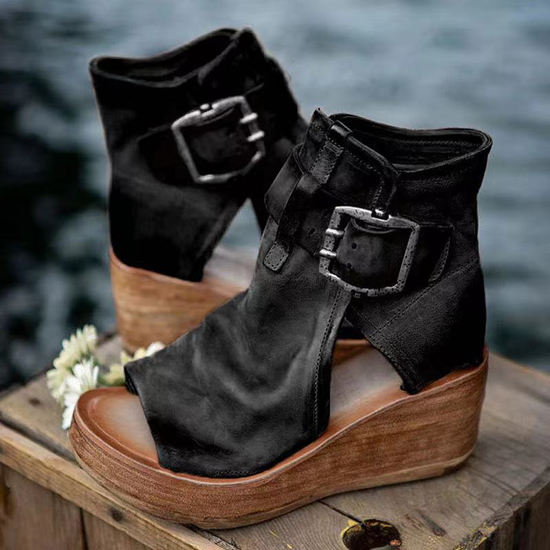 Jenja | Freizeitsandalen mit Schnallenriemen und Holzoptik-Sohle